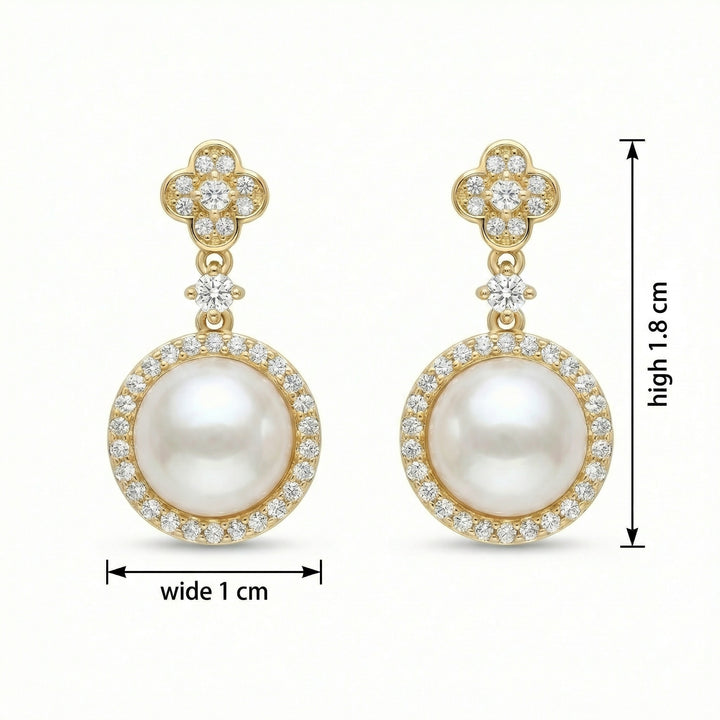 925 Sterling Silver Pearl Drop Earrings with Diamond Halo and Clover-Accent Studs
