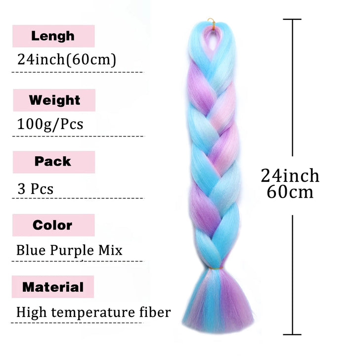 24 Inch Ombre Rainbow Jumbo Braiding Hair – Mixed Color Synthetic Extensions for Box Braids & Dreadlocks