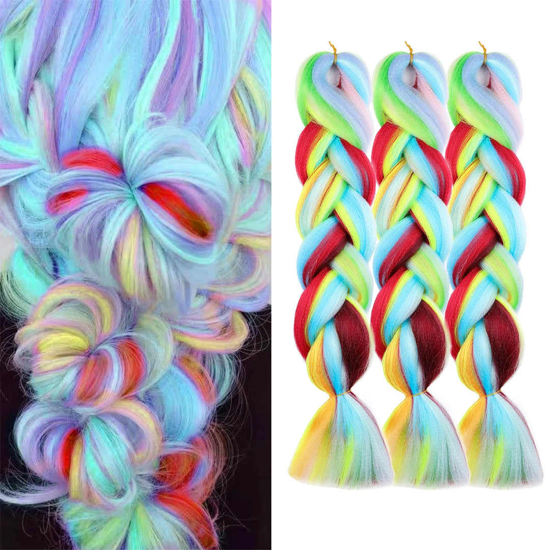 24 Inch Ombre Rainbow Jumbo Braiding Hair – Mixed Color Synthetic Extensions for Box Braids & Dreadlocks