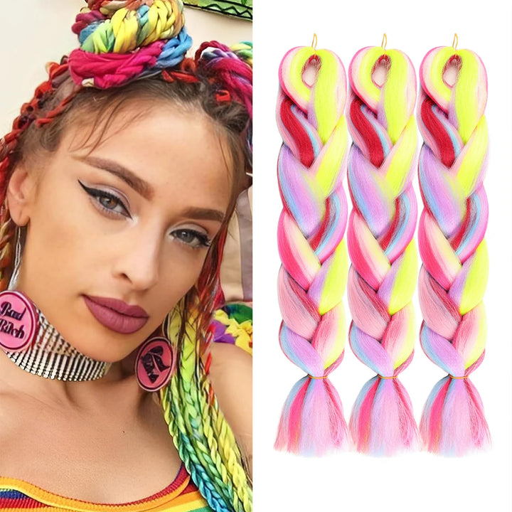 24 Inch Ombre Rainbow Jumbo Braiding Hair – Mixed Color Synthetic Extensions for Box Braids & Dreadlocks