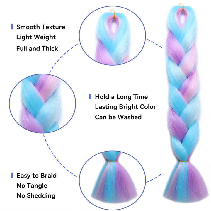 24 Inch Ombre Rainbow Jumbo Braiding Hair – Mixed Color Synthetic Extensions for Box Braids & Dreadlocks