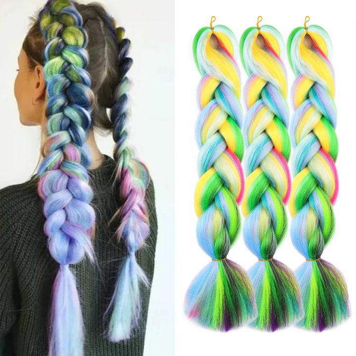 24 Inch Ombre Rainbow Jumbo Braiding Hair – Mixed Color Synthetic Extensions for Box Braids & Dreadlocks