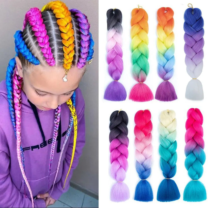 24 Inch Jumbo Box Braids Extensions – Synthetic Braiding Hair for Children (Pink, Purple, Yellow, Gray)