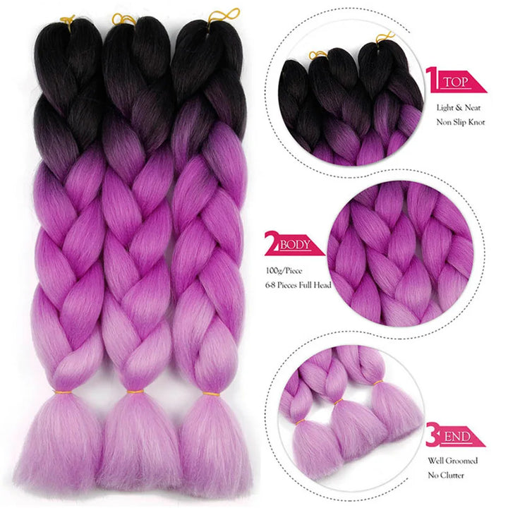 Purple ombre braided hair extensions with black roots, shown with close-up details on a white background.