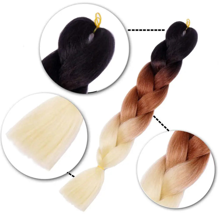 Braided hair extensions with a gradient from black to brown to blonde, shown in close-up on a white background.