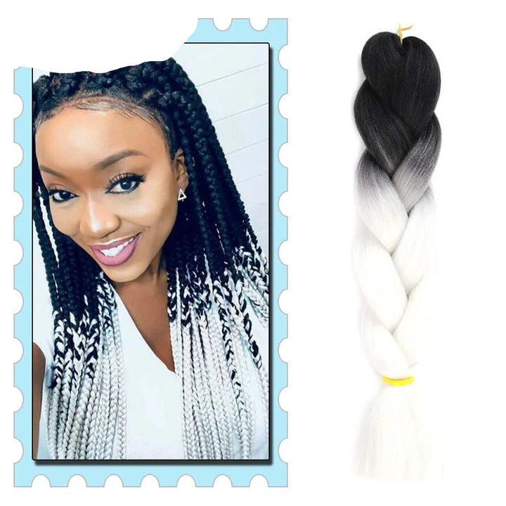 Black and white ombre braided hair extensions with a model wearing styled hair on a blue border