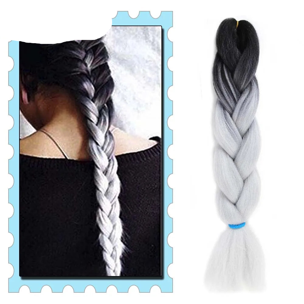 Braided hair extensions with black to gray gradient on a white 