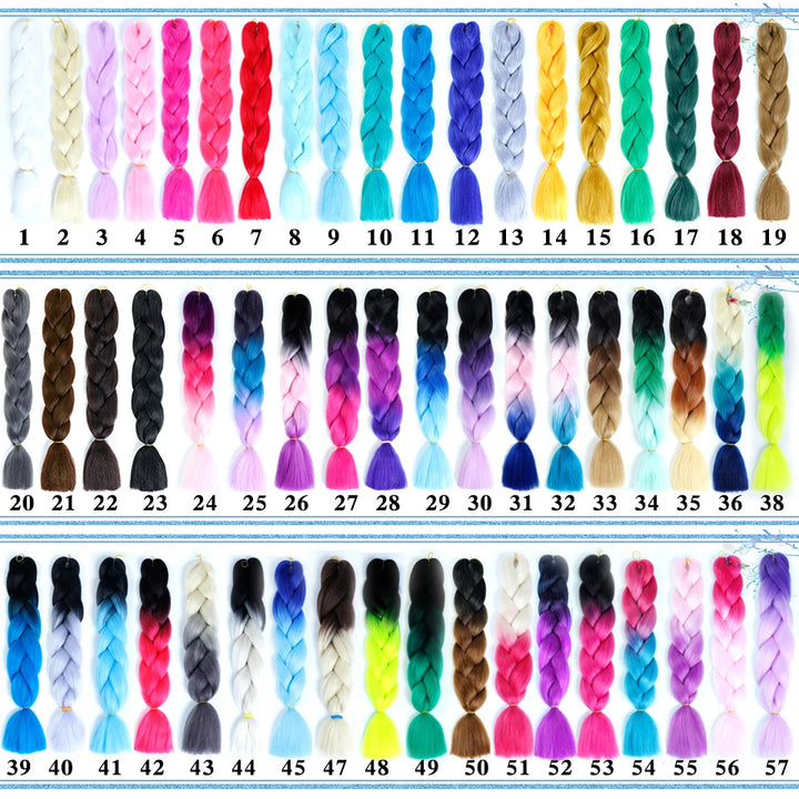 Assorted colorful braided hair extensions in various colors.