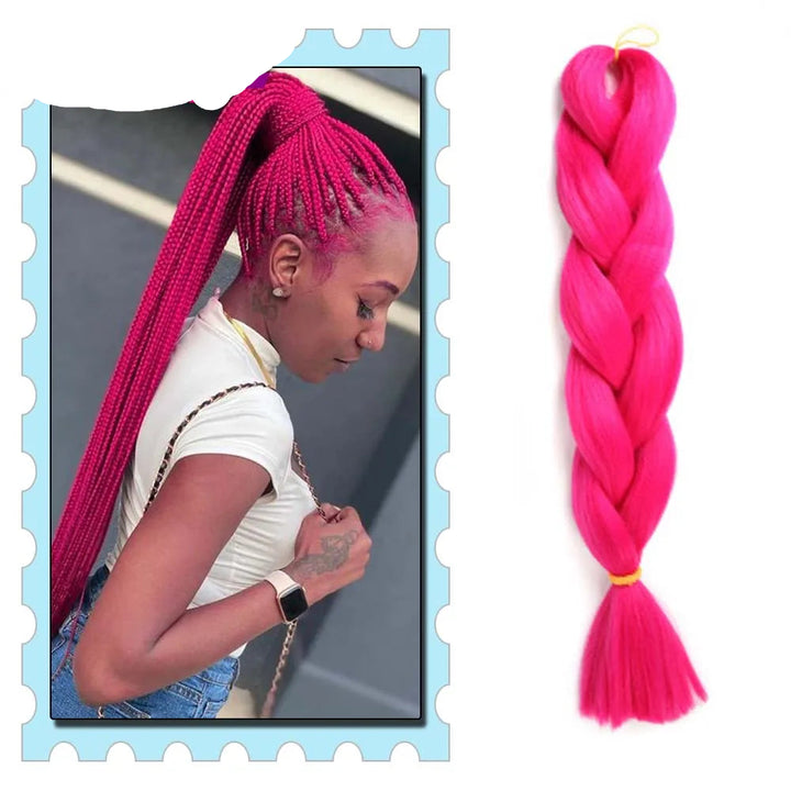 Pink braided hair extensions with a person wearing them and 'Mirra's Mirror' branding.