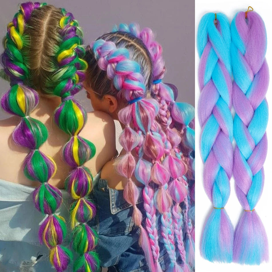 Two people with colorful braided hairstyles and a close-up of blue and pink braids.