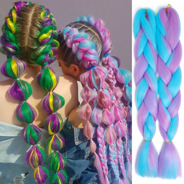 Two people with colorful braided hairstyles and a close-up of blue and pink braids.