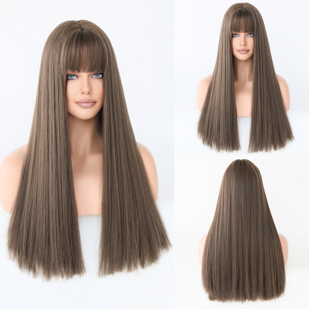Ombre Gray Wigs Long Straight Perruques with Bangs Platinum Blonde Synthetic Wig for Women. Perfect for Anime Cosplay and Lolita style.