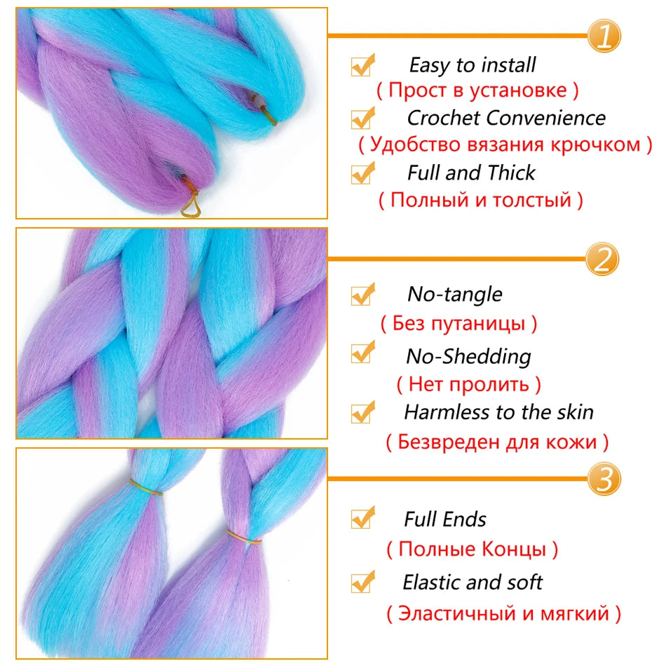 Blue and purple braided hair extensions with text highlighting features.