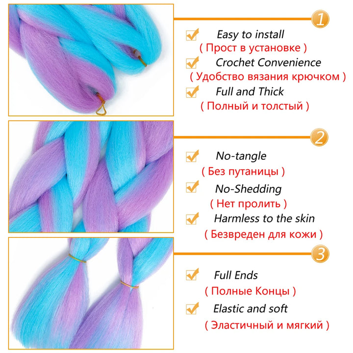 Blue and purple braided hair extensions with text highlighting features.