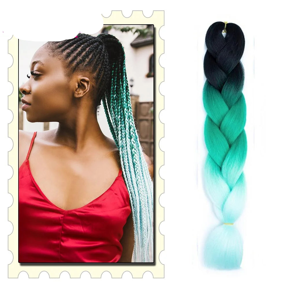 Colorful braided hair extensions with a woman wearing a red top