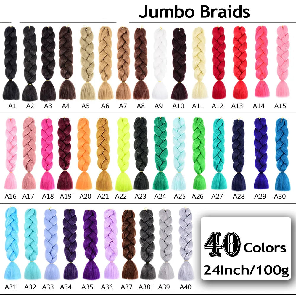 Display of  Jumbo Braids in various colors with a label indicating 40 colors and 24-inch length.