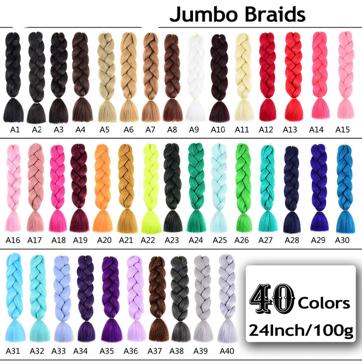Display of  Jumbo Braids in various colors with a label indicating 40 colors and 24-inch length.