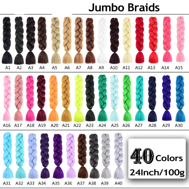 Display of Jumbo Braids in various colors with a label indicating 40 colors and 24-inch length.