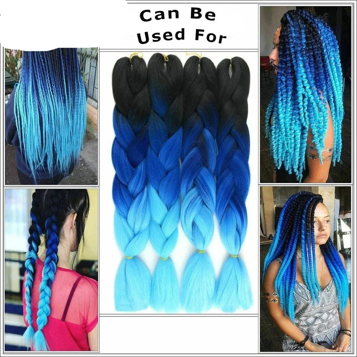 Blue and black braided hair extensions with examples of hairstyles.