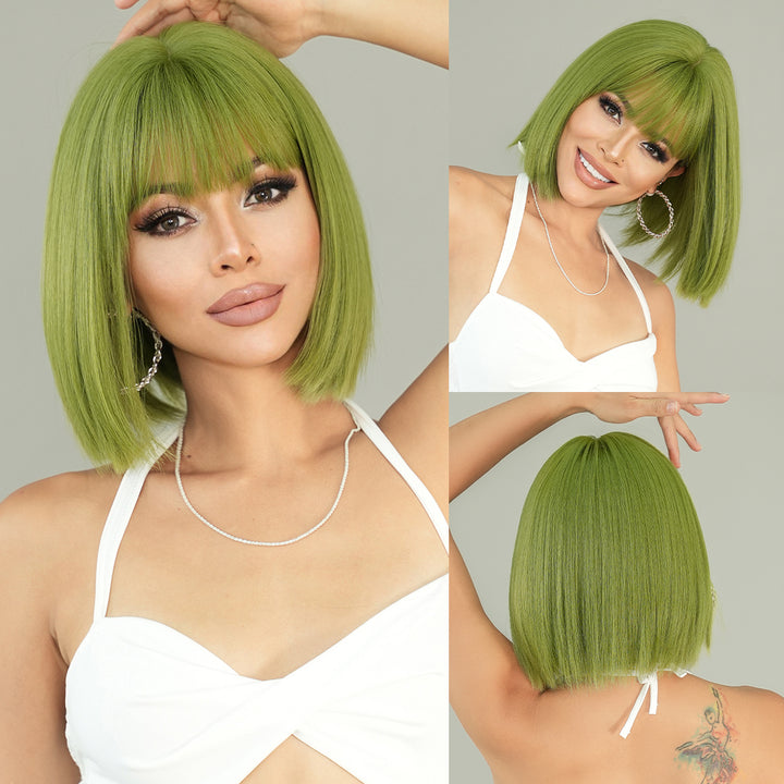 12-inch Short Bob Straight Wig with Bangs - Natural Red Yaki Synthetic Heat Resistant Burgundy Red Hair for Party Cosplay.