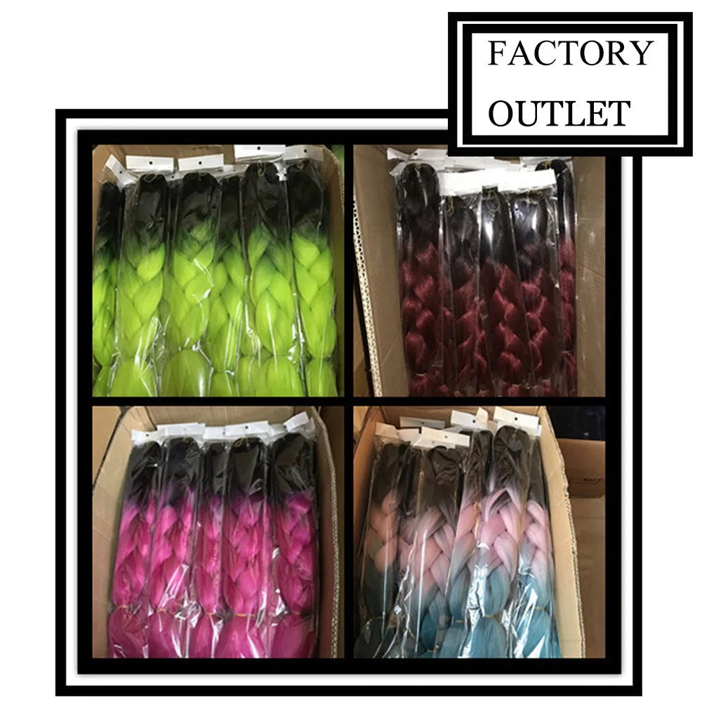 Collage of hair extensions in different colors with 'Factory Outlet' label.