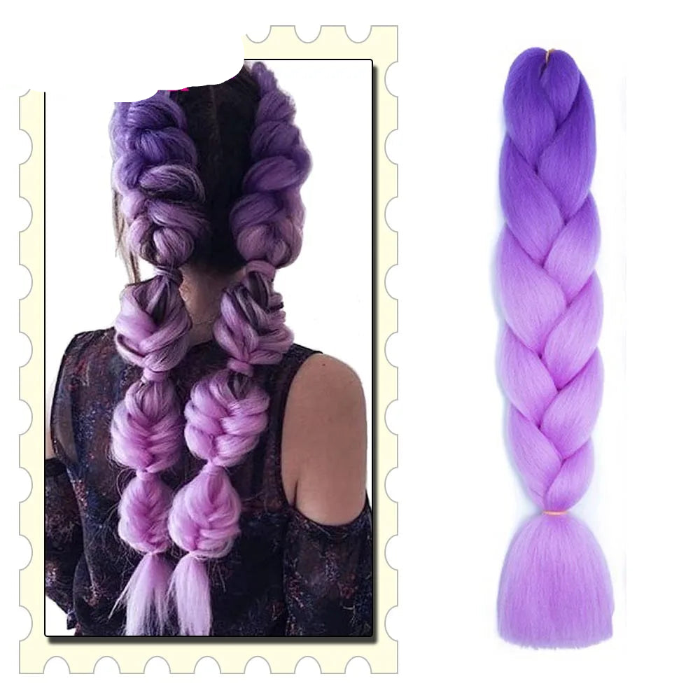 Purple braided hair extensions with a  on a decorative border.