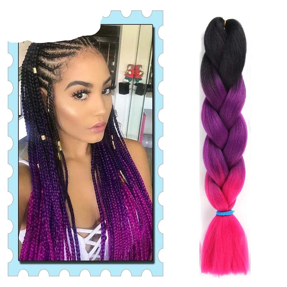 Purple and pink braided hair extension with a woman's face on the left