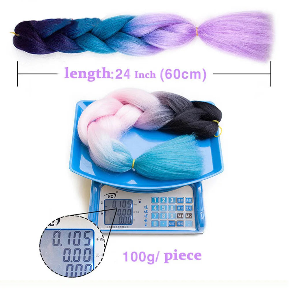 Colorful braided hair extensions on a digital scale with measurement details.