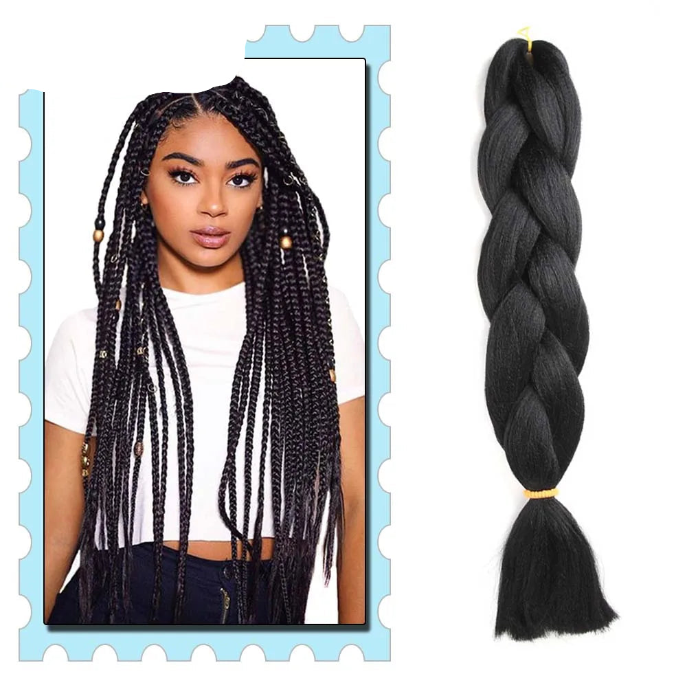Black braided hair extensions with a model wearing.