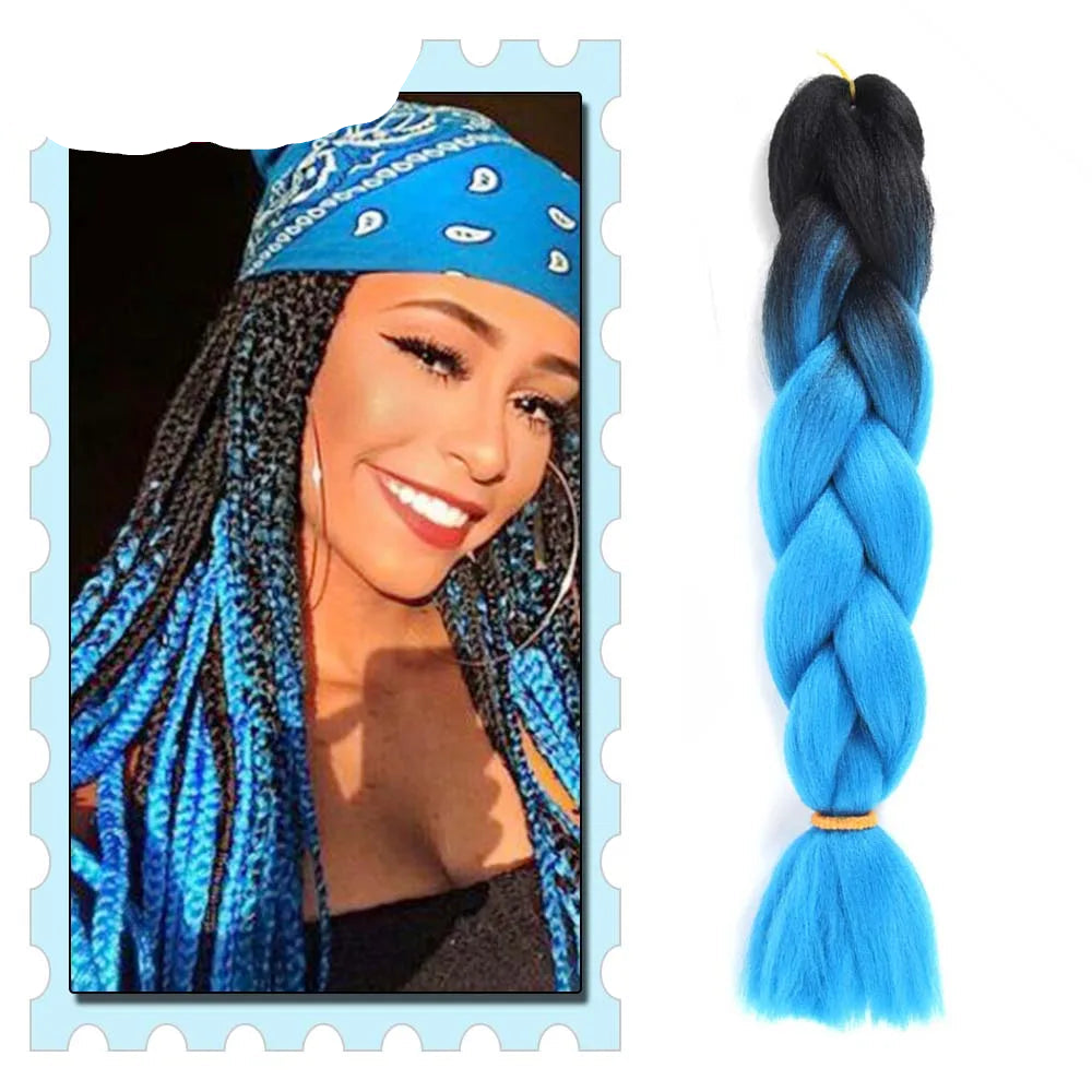 Blue braided hair extension with a woman wearing a blue headscarf
