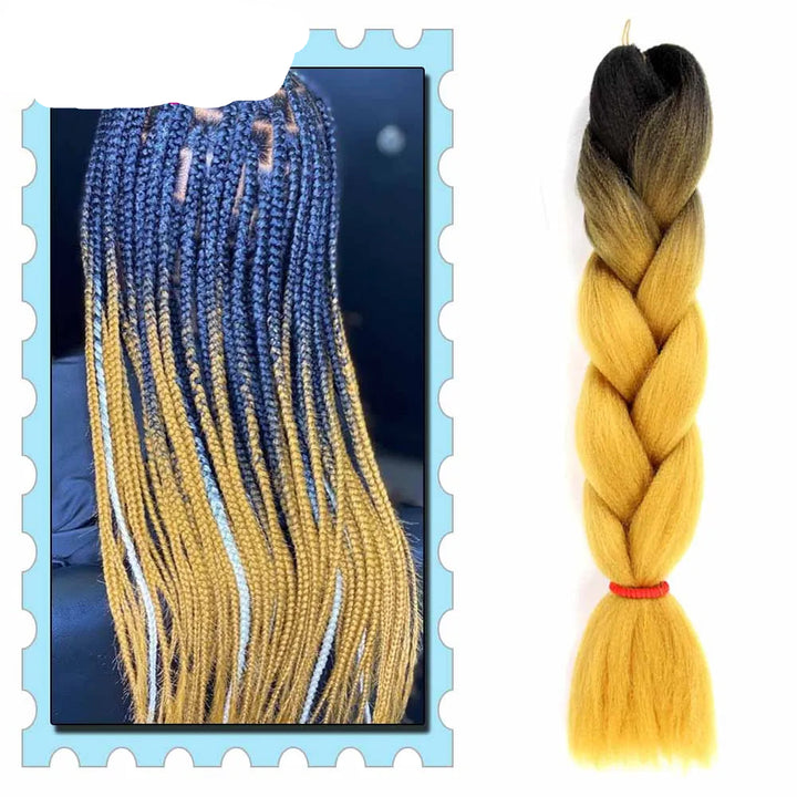 Braided hair extensions with a gradient color pattern on a white background