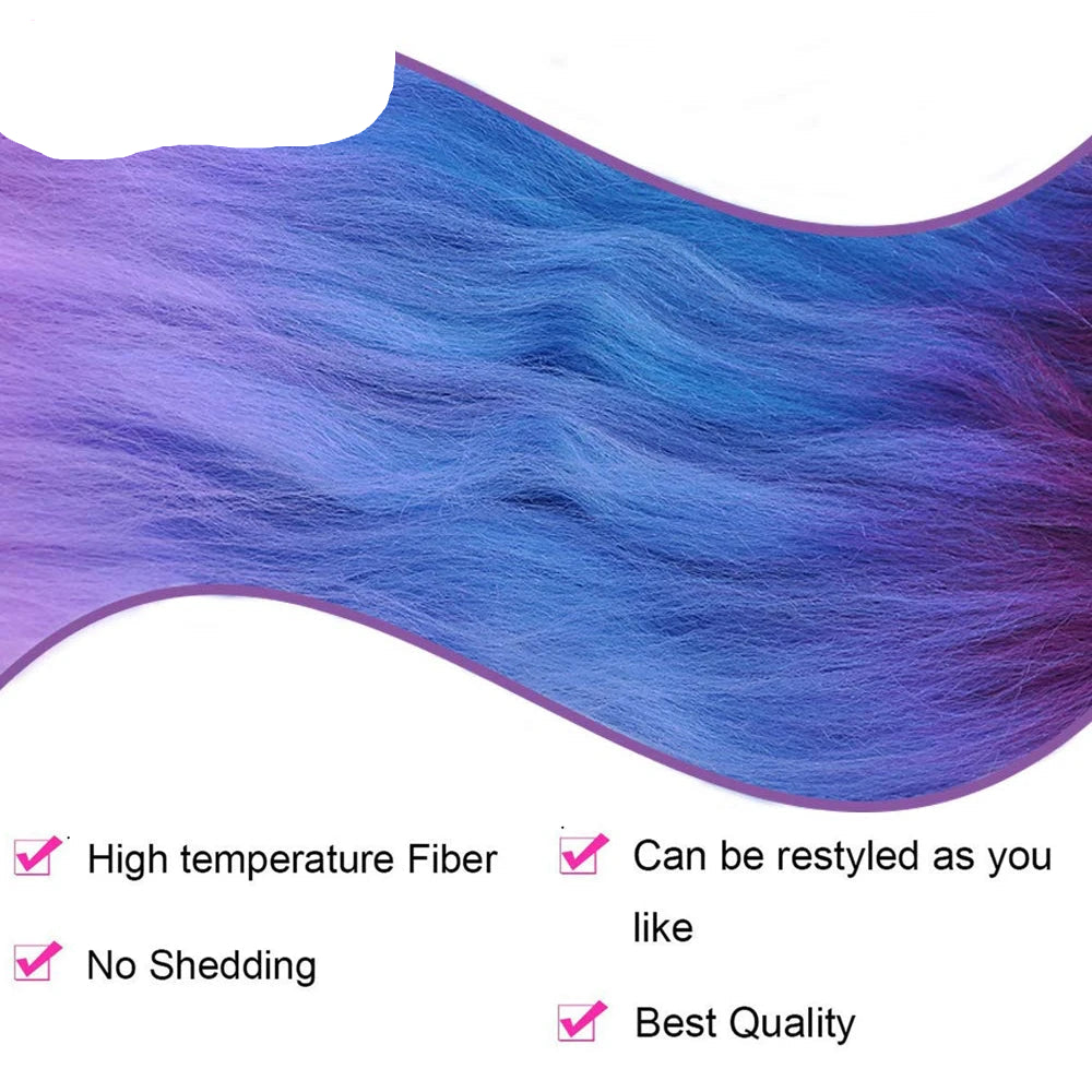 Blue and purple hair extensions with features listed on a white background
