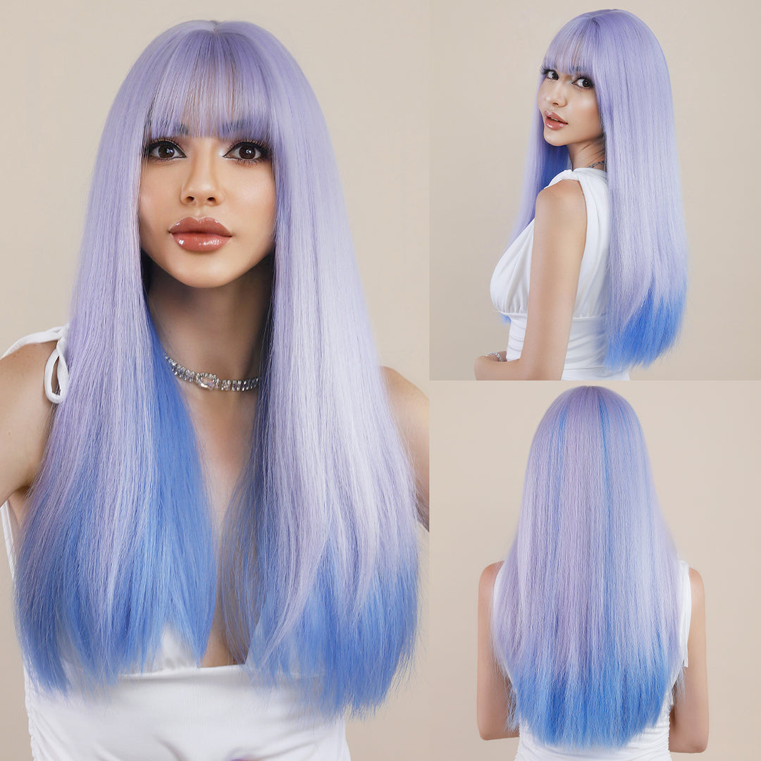 Ombre Gray Wigs Long Straight Perruques with Bangs Platinum Blonde Synthetic Wig for Women. Perfect for Anime Cosplay and Lolita style.