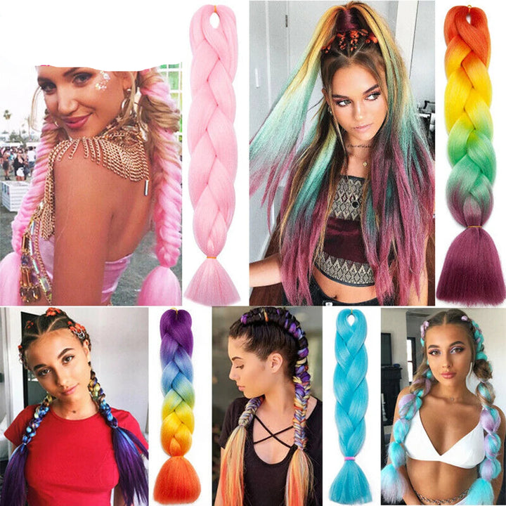 Collage of hairstyles with colorful braids and extensions.