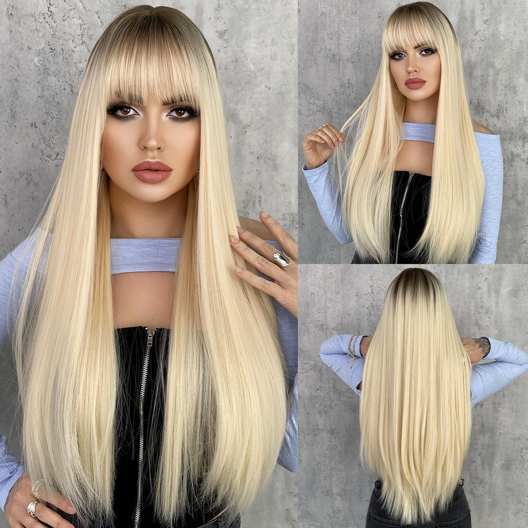 Ombre Gray Wigs Long Straight Perruques with Bangs Platinum Blonde Synthetic Wig for Women. Perfect for Anime Cosplay and Lolita style.