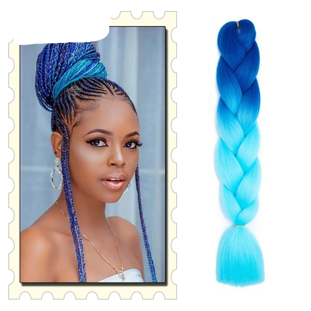 Blue ombre braided hair extension with a woman's face on a background.