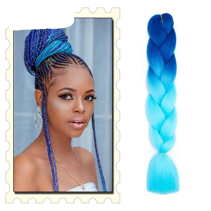 Blue ombre braided hair extension with a woman's face on a background.