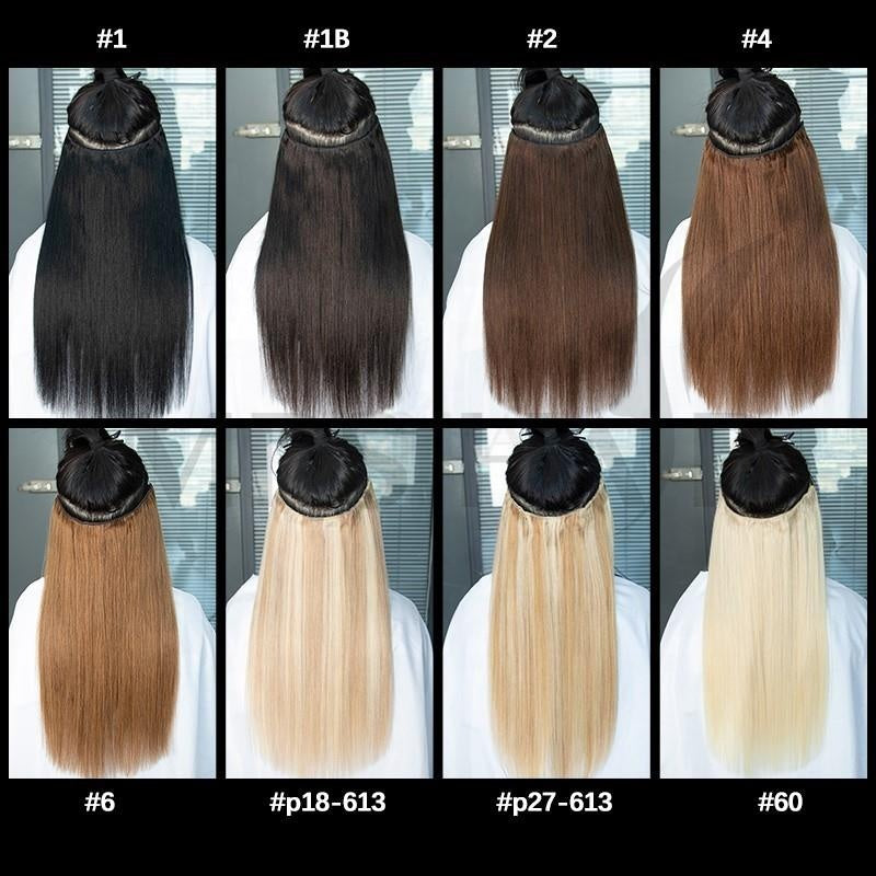 Set of hair extensions in various colors displayed on a person against a neutral background.