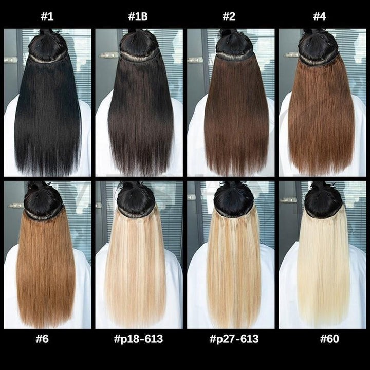 Set of hair extensions in various colors displayed on a person against a neutral background.