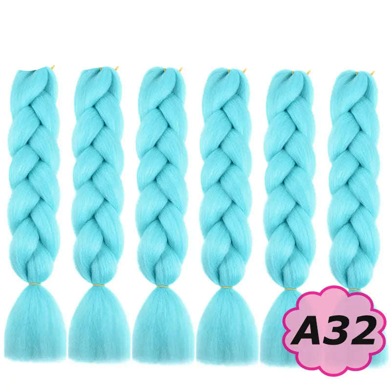 Five braided hair extensions in light blue color with 