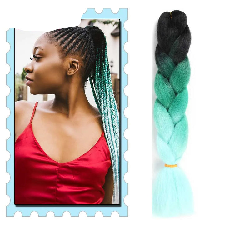 Ombre braided hair extensions with a woman wearing a red 