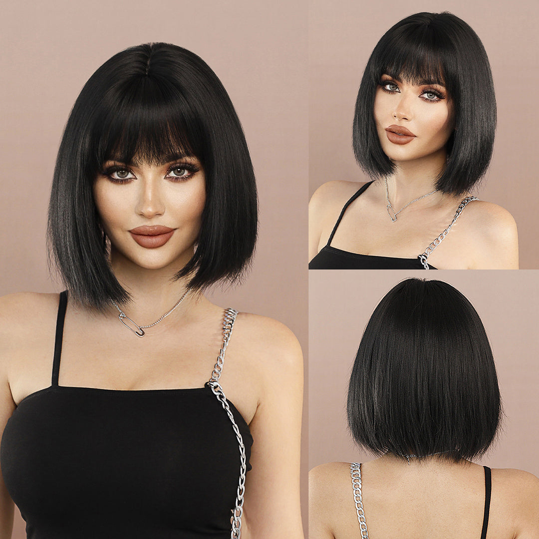 12-inch Short Bob Straight Wig with Bangs - Natural Red Yaki Synthetic Heat Resistant Burgundy Red Hair for Party Cosplay.