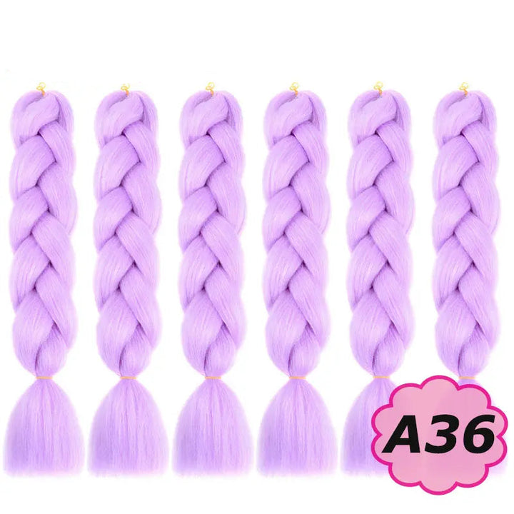 Purple braided hair extensions with  on a white background.