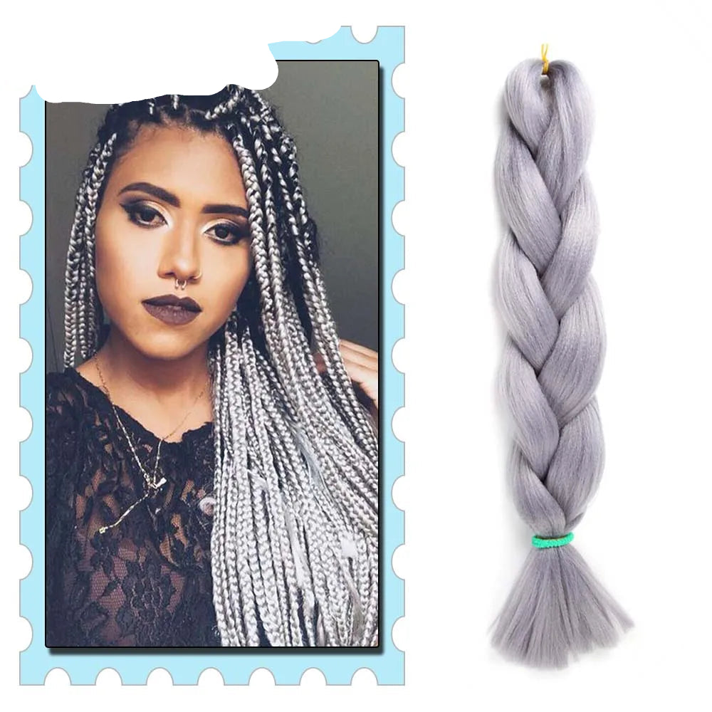 Gray braided hair extension with a model photo on a blue 