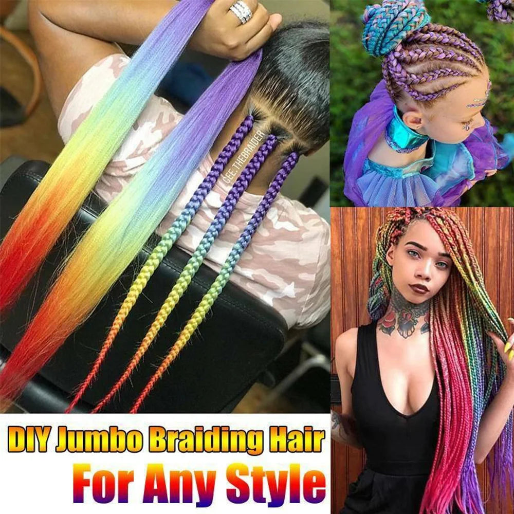 Collage of rainbow braided hair extensions with a woman wearing them.