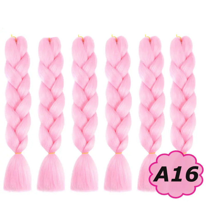 Five pink braided hair extensions with  on a white background.