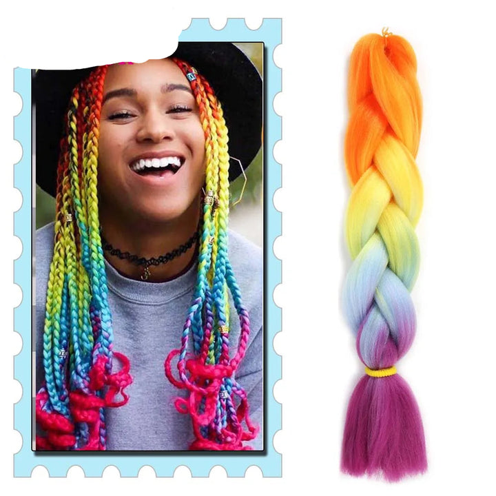 Colorful braided hair extensions with a person wearing colorful braids on a 