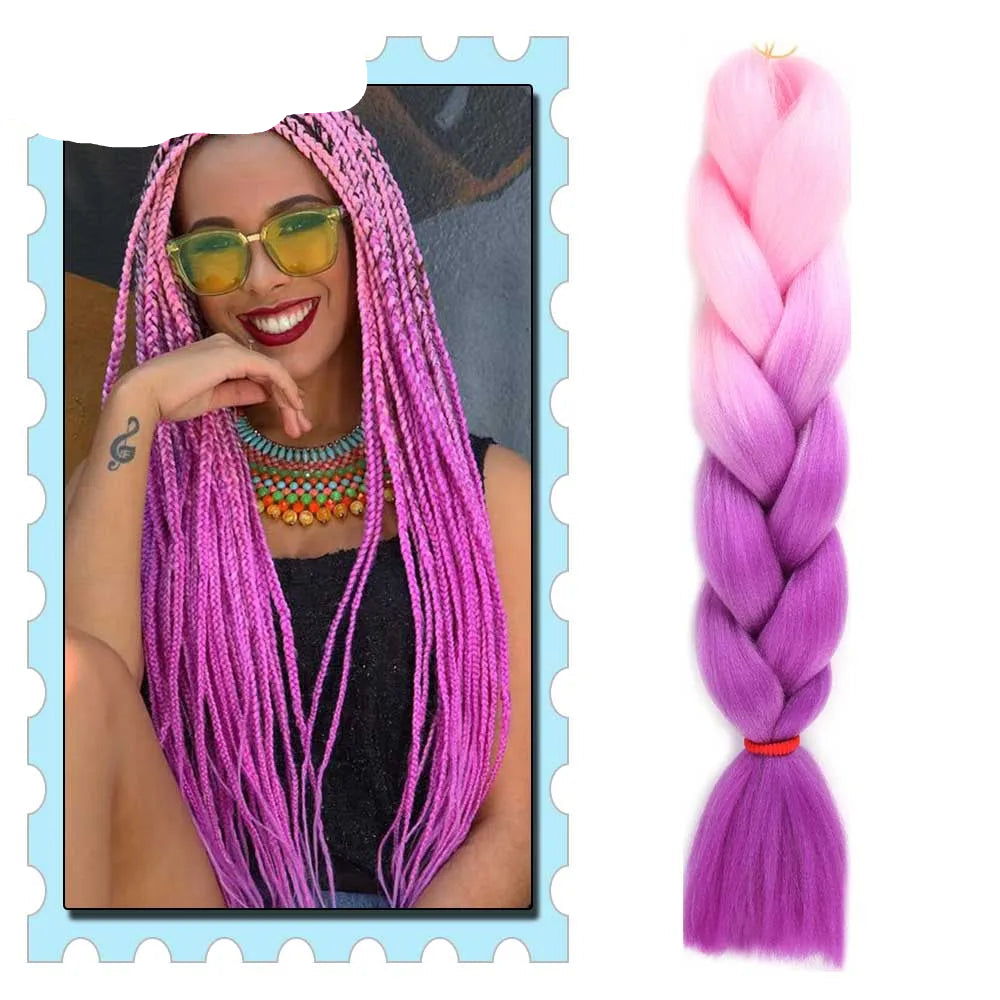 Purple braided hair extension with a person wearing sunglasses and colorful jewelry
