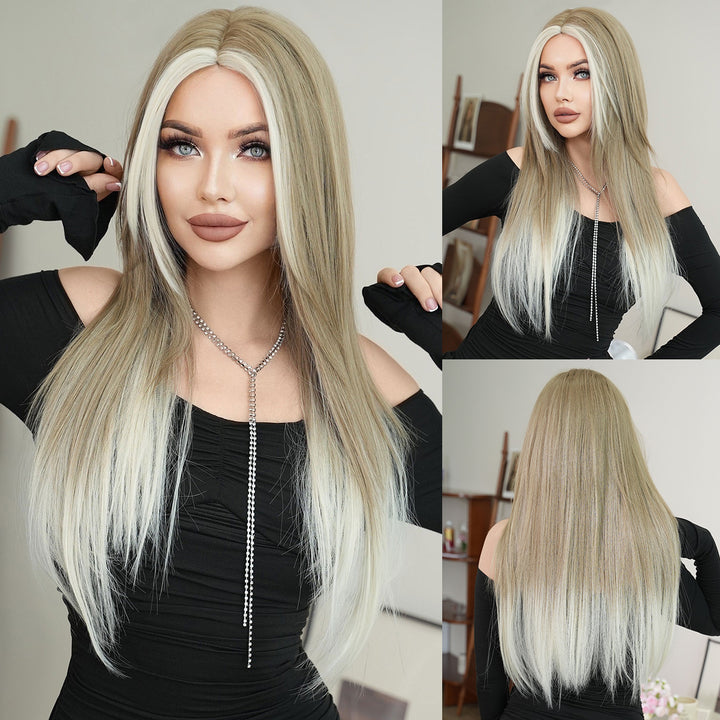 Synthetic hair wig with long straight hair, bangs, middle part, and highlight gray color. Perfect for women, cosplay, and drag queens.