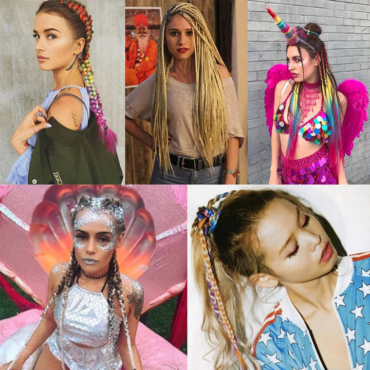Collage of five images featuring women with unique hairstyles and outfits.
